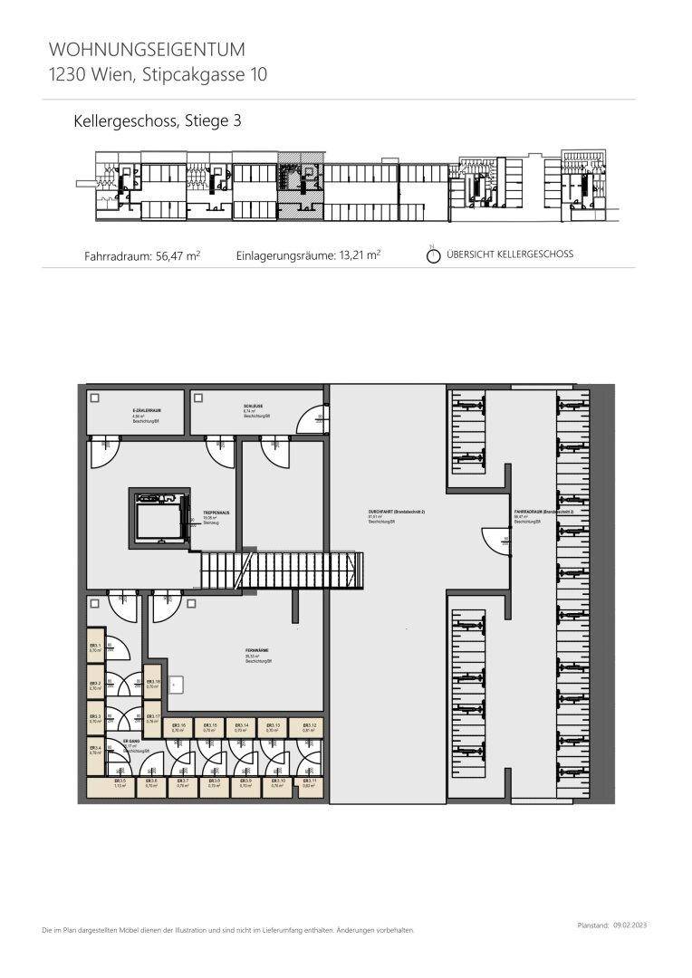 Grundriss des Kellergeschosses mit Fahrradraum und individuellen Einlagerungsräumen.