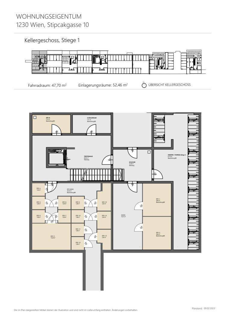 Grundriss des Kellergeschosses mit Fahrradraum und Einlagerungsräumen.