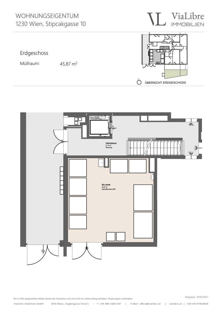 Grundriss des Erdgeschosses mit Müllraum und Treppenhaus.