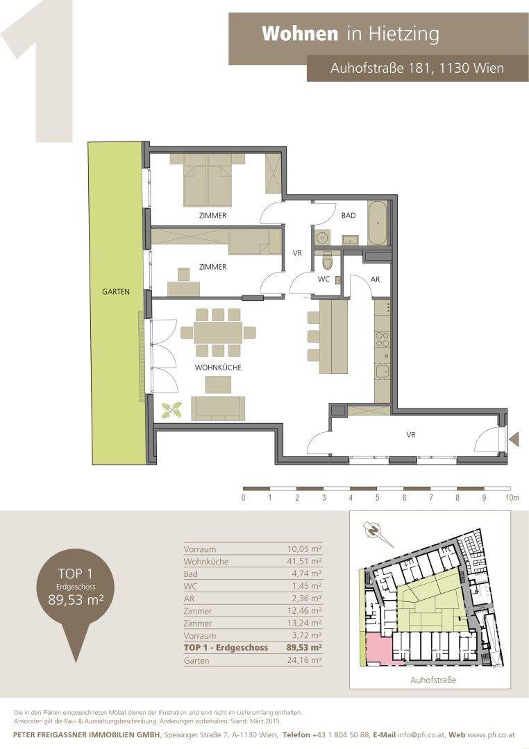 Übersichtlicher Grundriss einer Erdgeschosswohnung mit Wohnküche, Schlafzimmern und Garten.