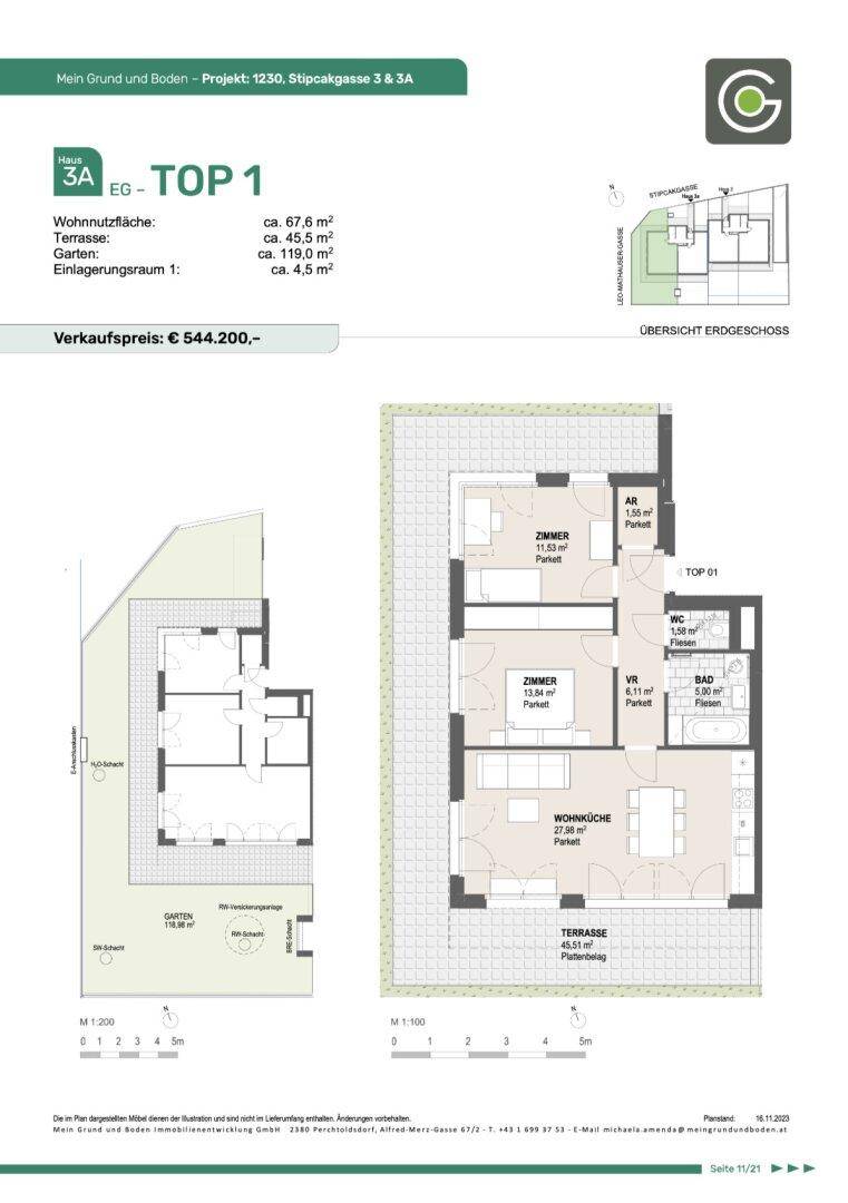Detaillierter Grundriss der Wohnung Top 1 im Erdgeschoss mit Wohnküche und Terrasse.