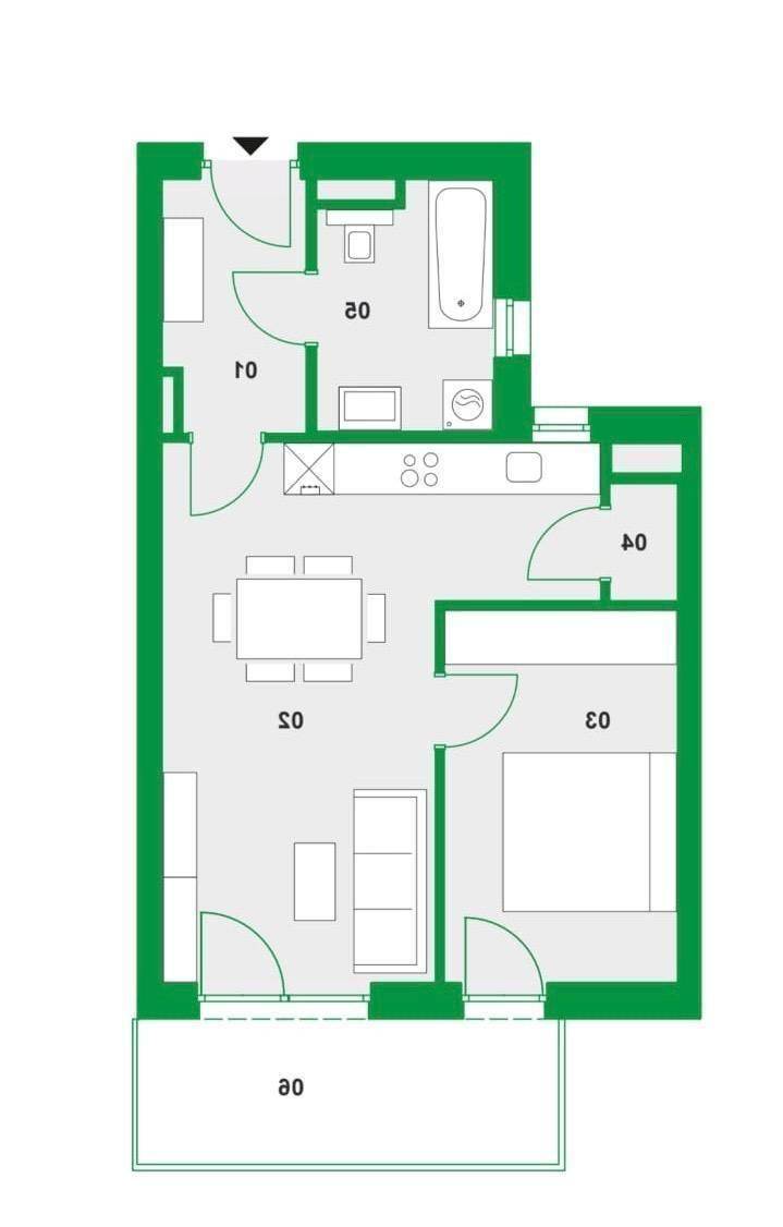 Grundriss der Wohnung mit Wohnbereich, Küche, Schlafzimmer, Bad und Balkon.