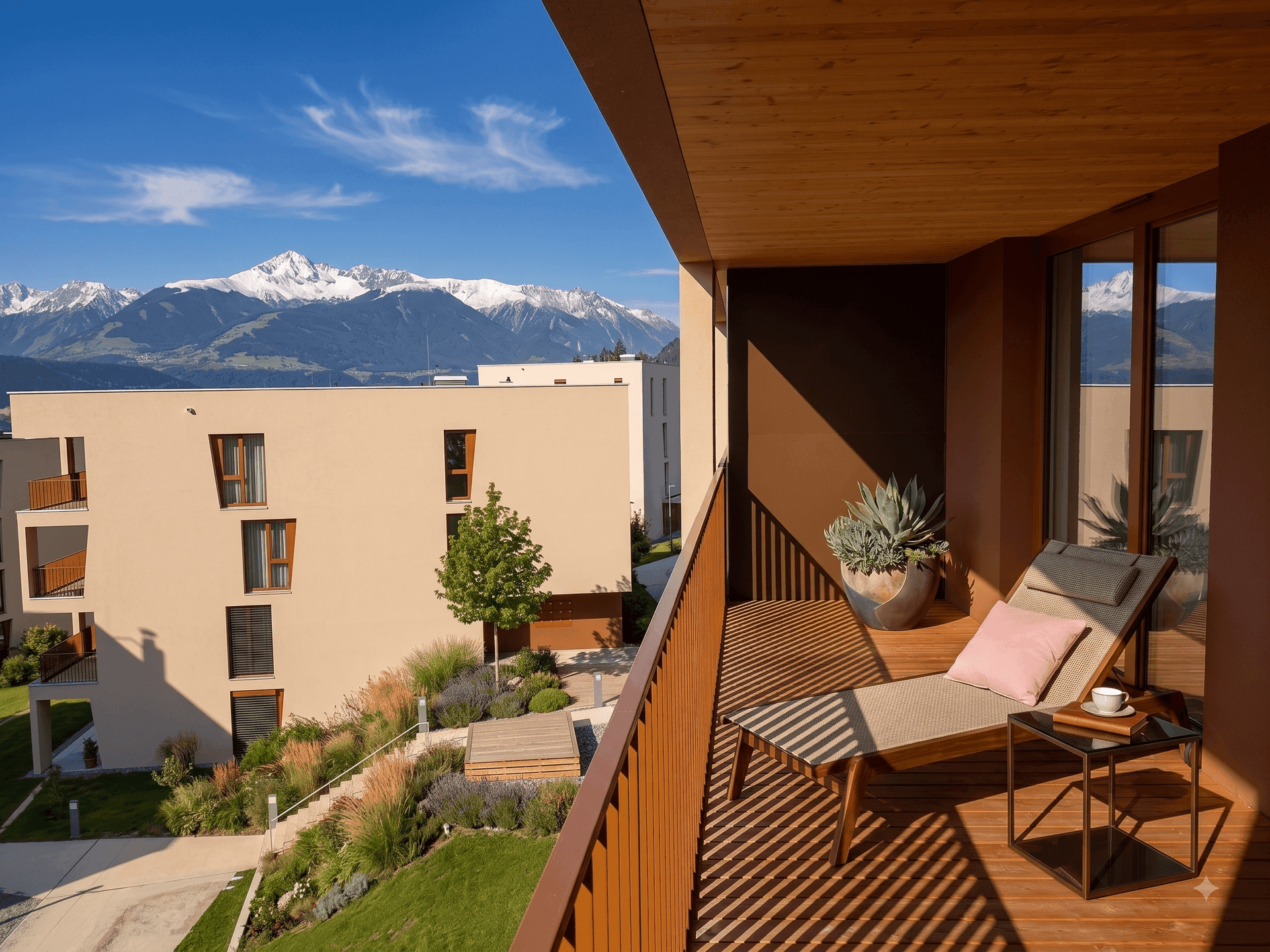 Geräumiger Balkon mit Liegestuhl und Holzboden, bietet einen atemberaubenden Blick auf die schneebedeckten Berge.