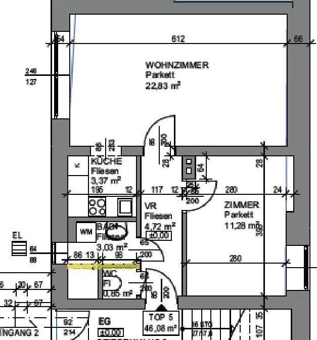 Grundriss einer Wohnung mit Wohnzimmer, Küche, Zimmer und WC, inklusive Flächenangaben.