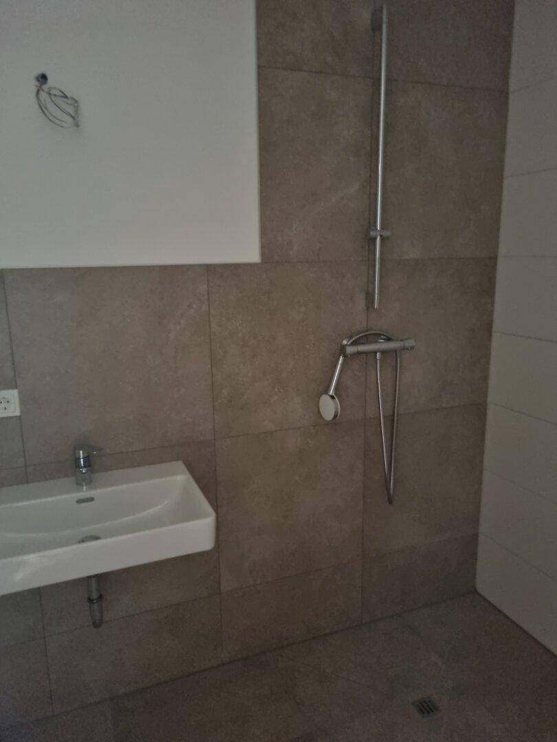 Modernes Badezimmer mit Duschbereich, Waschbecken und Fliesen an Wänden und Boden.
