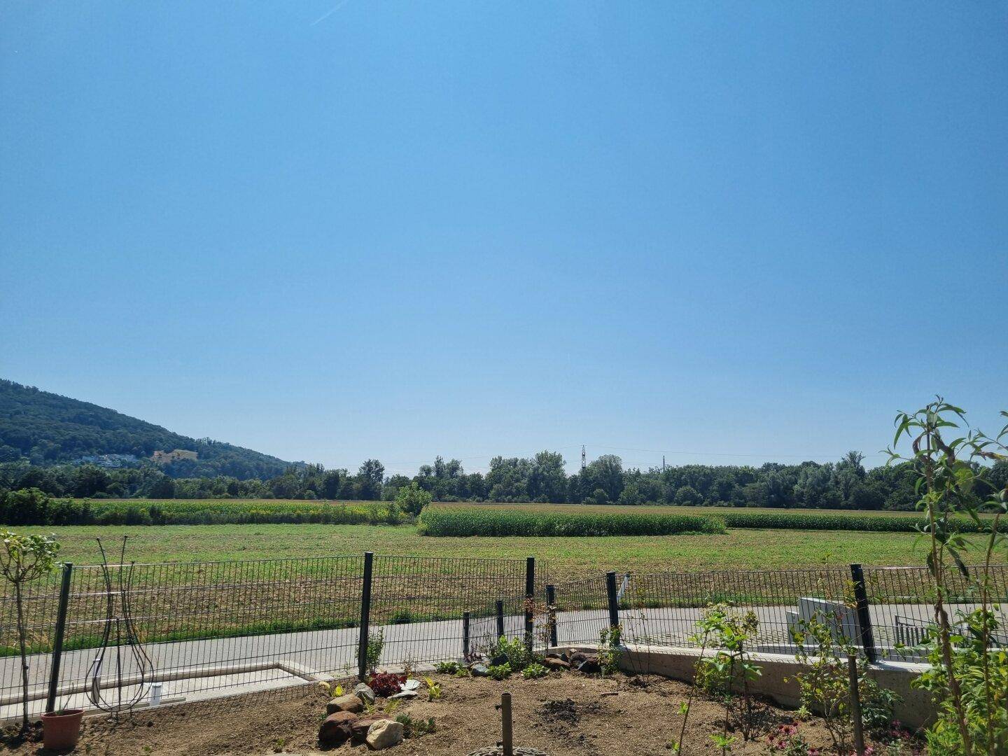 Kleiner Gartenbereich mit Pflanzen und weitem Blick auf Felder und bewaldete Hügel.