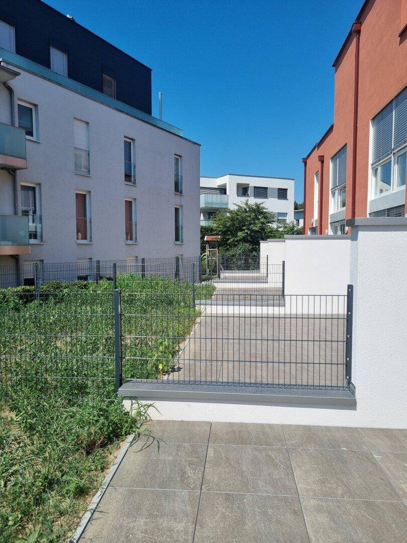 Außenbereich zwischen modernen Gebäuden mit gepflastertem Weg und Grünflächen.