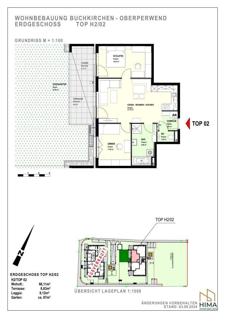 Detaillierter Grundriss einer Erdgeschosswohnung mit Terrasse, Loggia und Garten.
