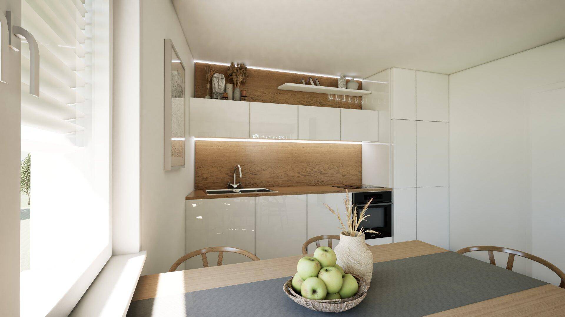 Moderne Einbauküche mit weißen Hochglanzfronten, Holzakzenten und Essbereich.