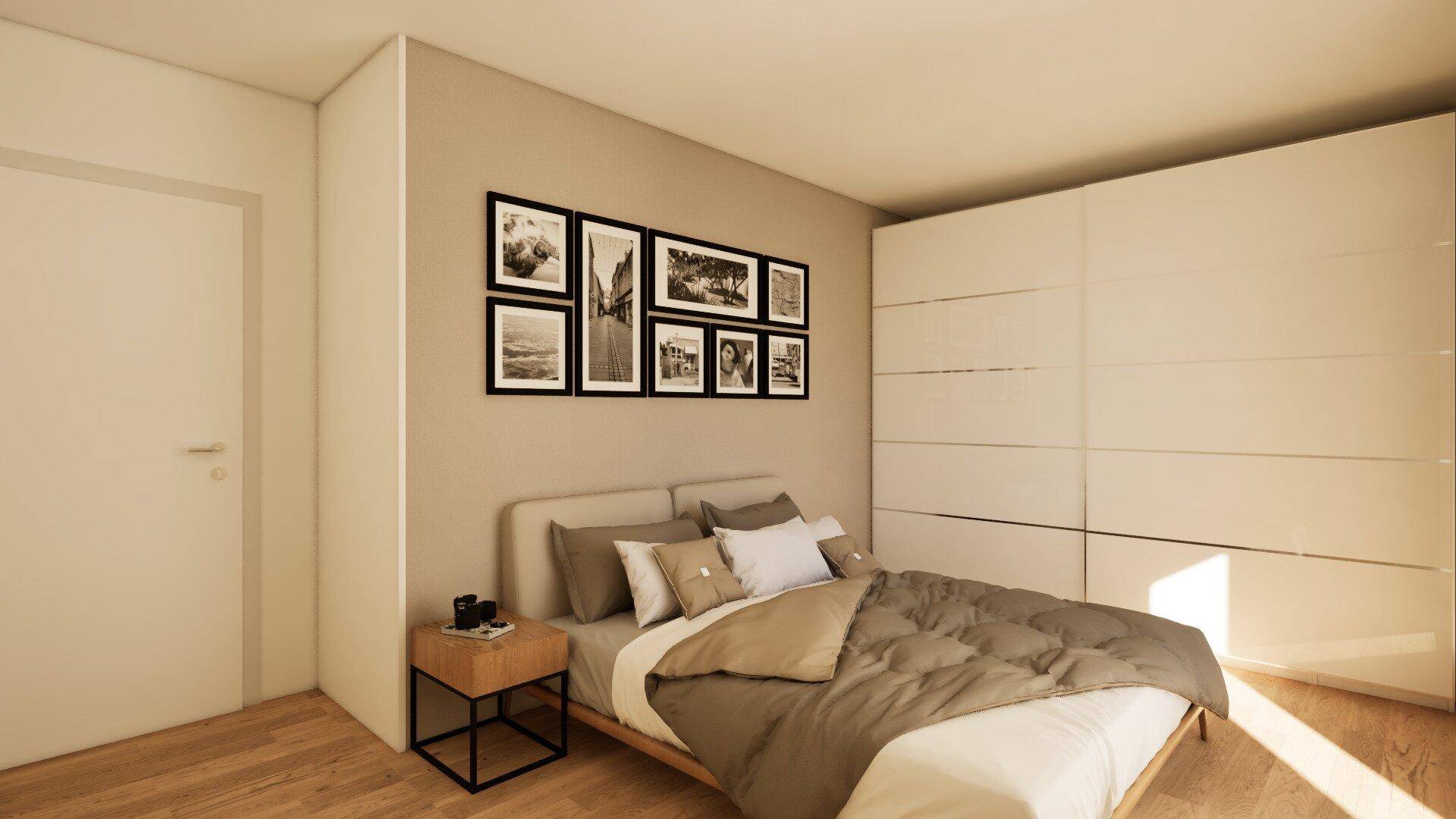 Helles Schlafzimmer mit Holzboden, großem Einbauschrank und minimalistischer Dekoration.