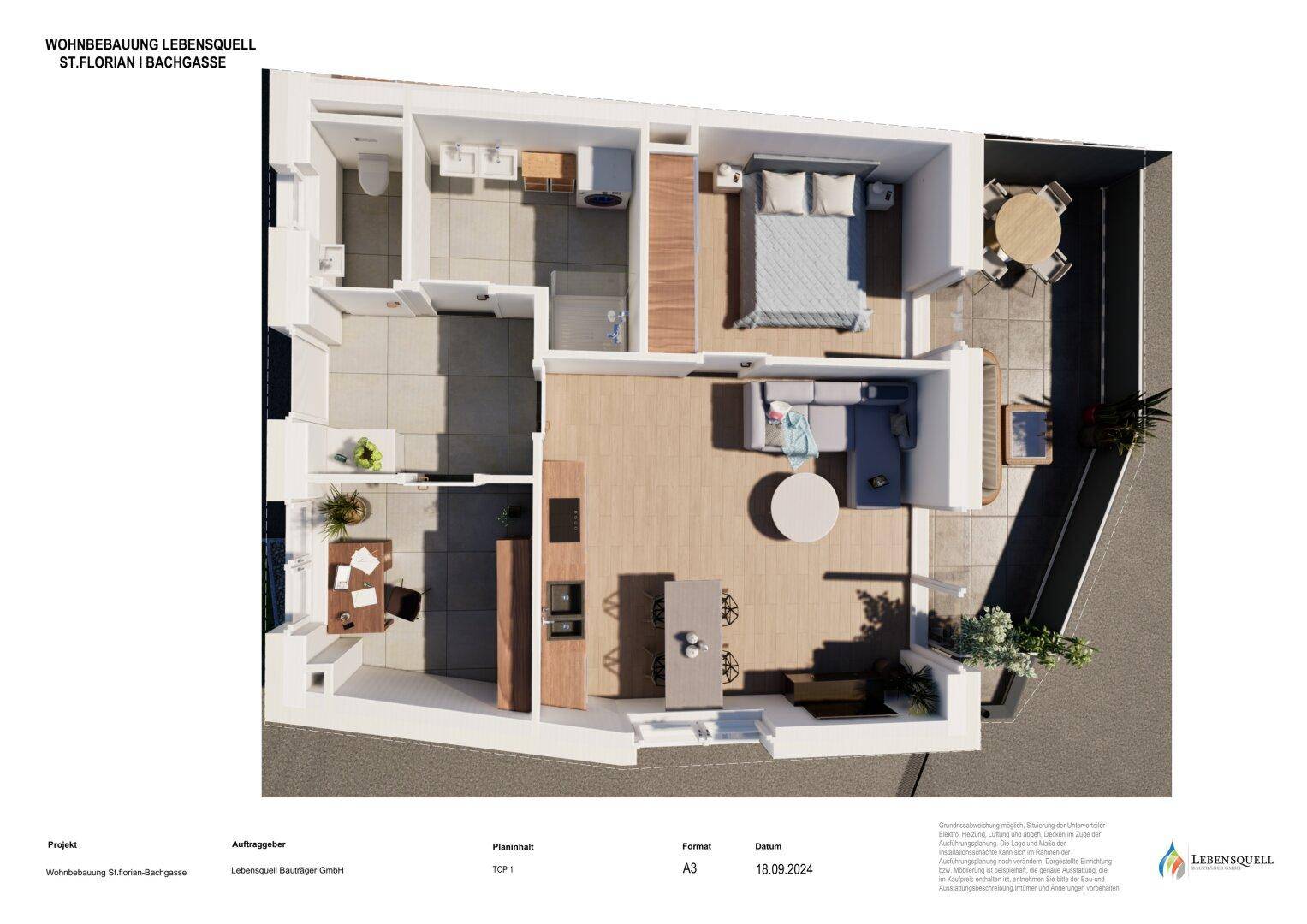 3D-Grundriss der Wohnung mit offenem Wohnbereich, Schlafzimmer und großer Terrasse.