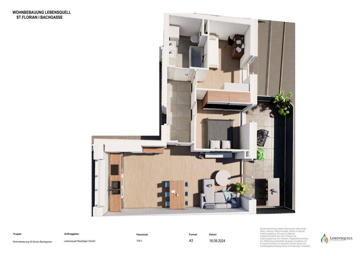 3D-Grundriss einer Wohnung mit offenem Wohnbereich, Schlafzimmer und Terrasse.