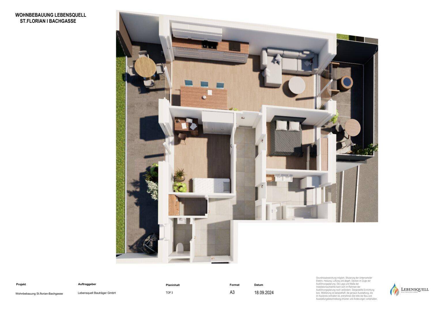 Detaillierter 3D-Grundriss einer Wohnung mit offenem Wohnbereich und Balkon.