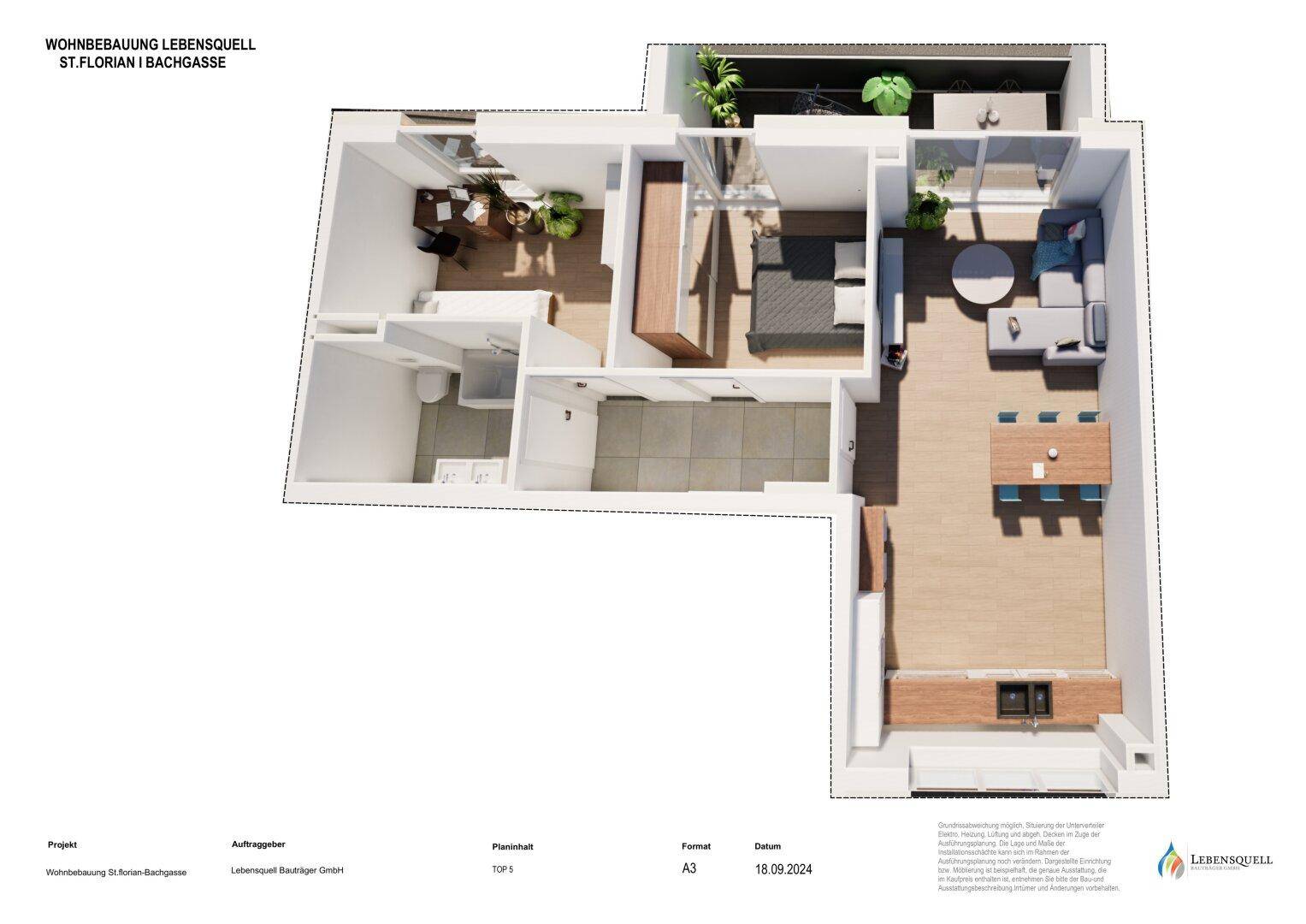 Dreidimensionaler Grundriss einer Wohnung mit offenem Wohnbereich und mehreren Zimmern.