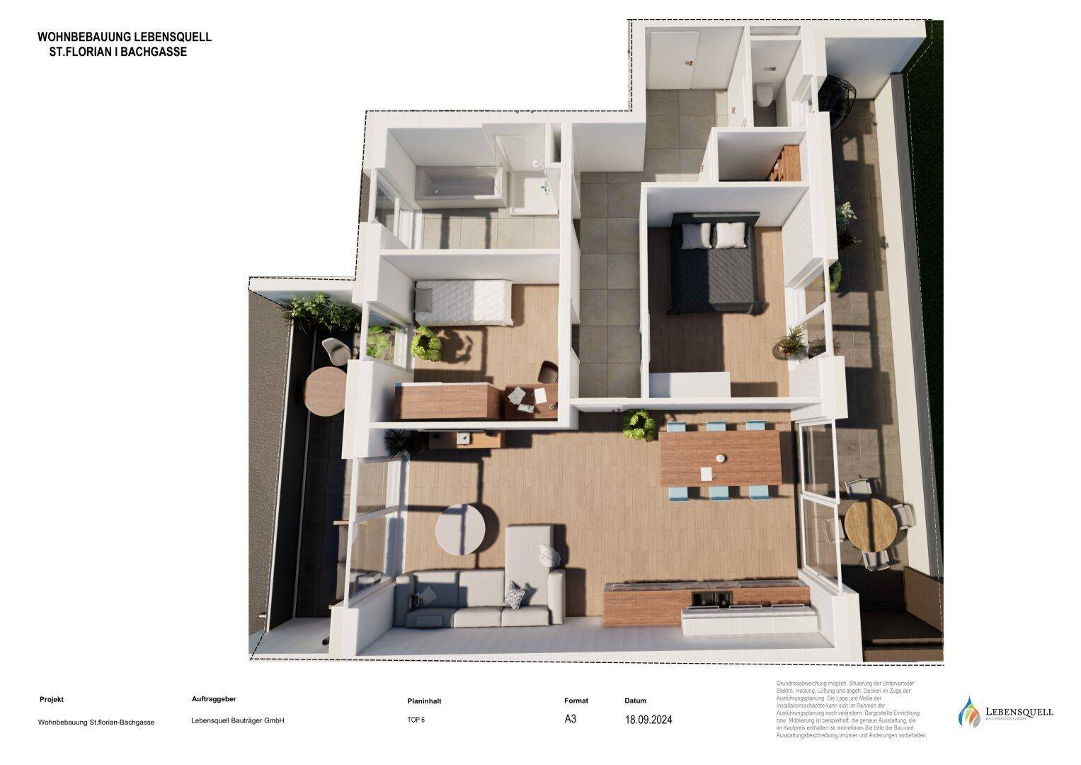 3D-Grundriss einer Wohnung mit offenem Wohnbereich, Schlafzimmern und Balkon.