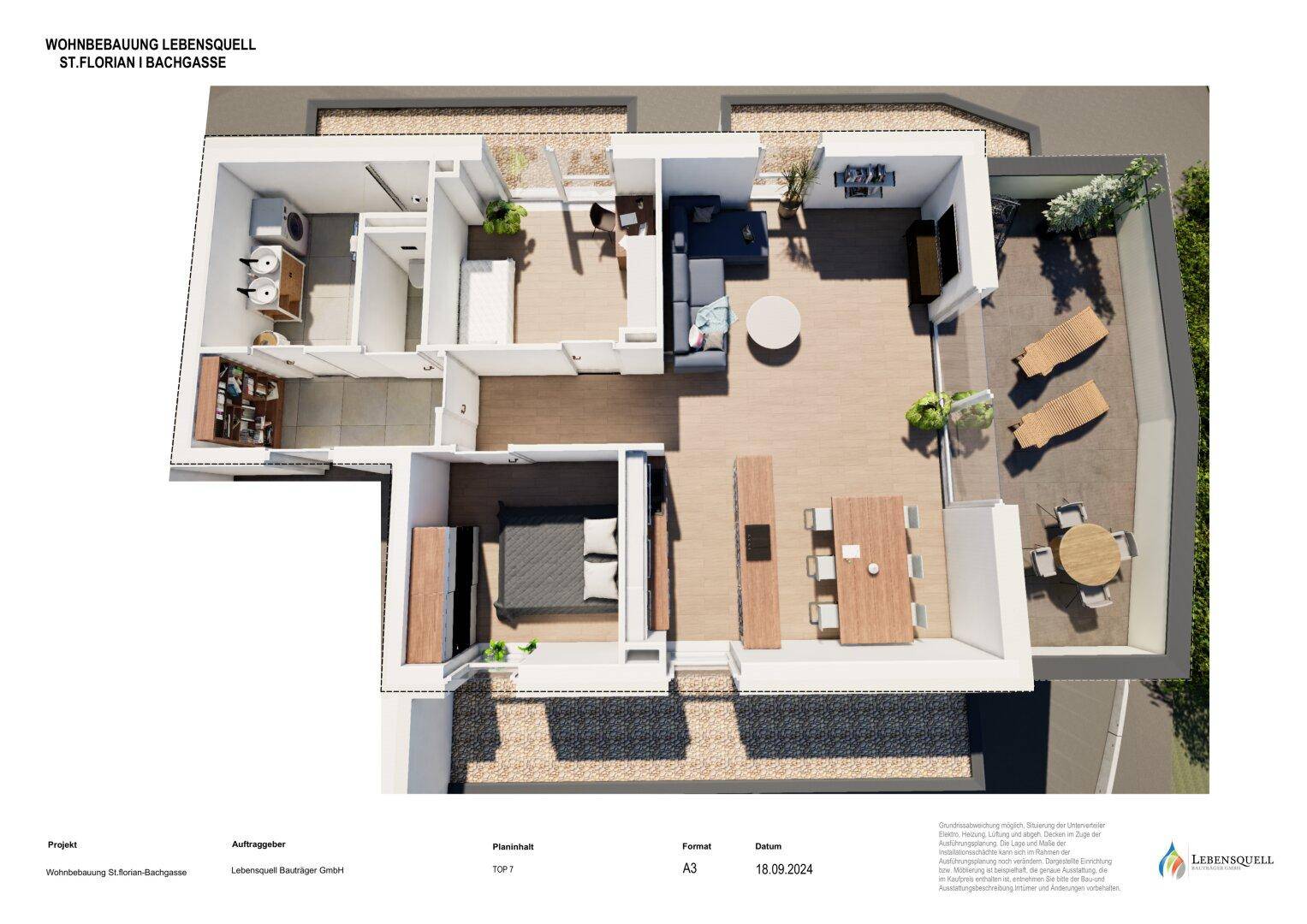 Detaillierter 3D-Grundriss einer Wohnung mit offenem Wohnbereich und großer Terrasse.