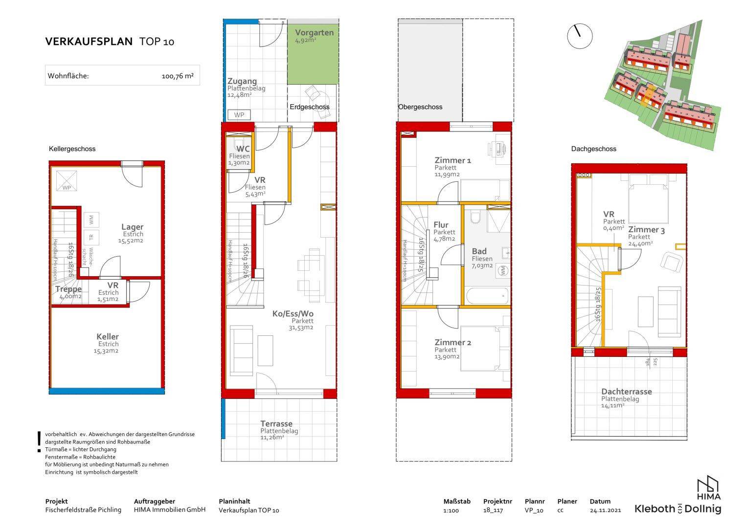 Detaillierter Verkaufsplan für ein Reihenhaus mit Keller, Erdgeschoss, Obergeschoss und Dachgeschoss.