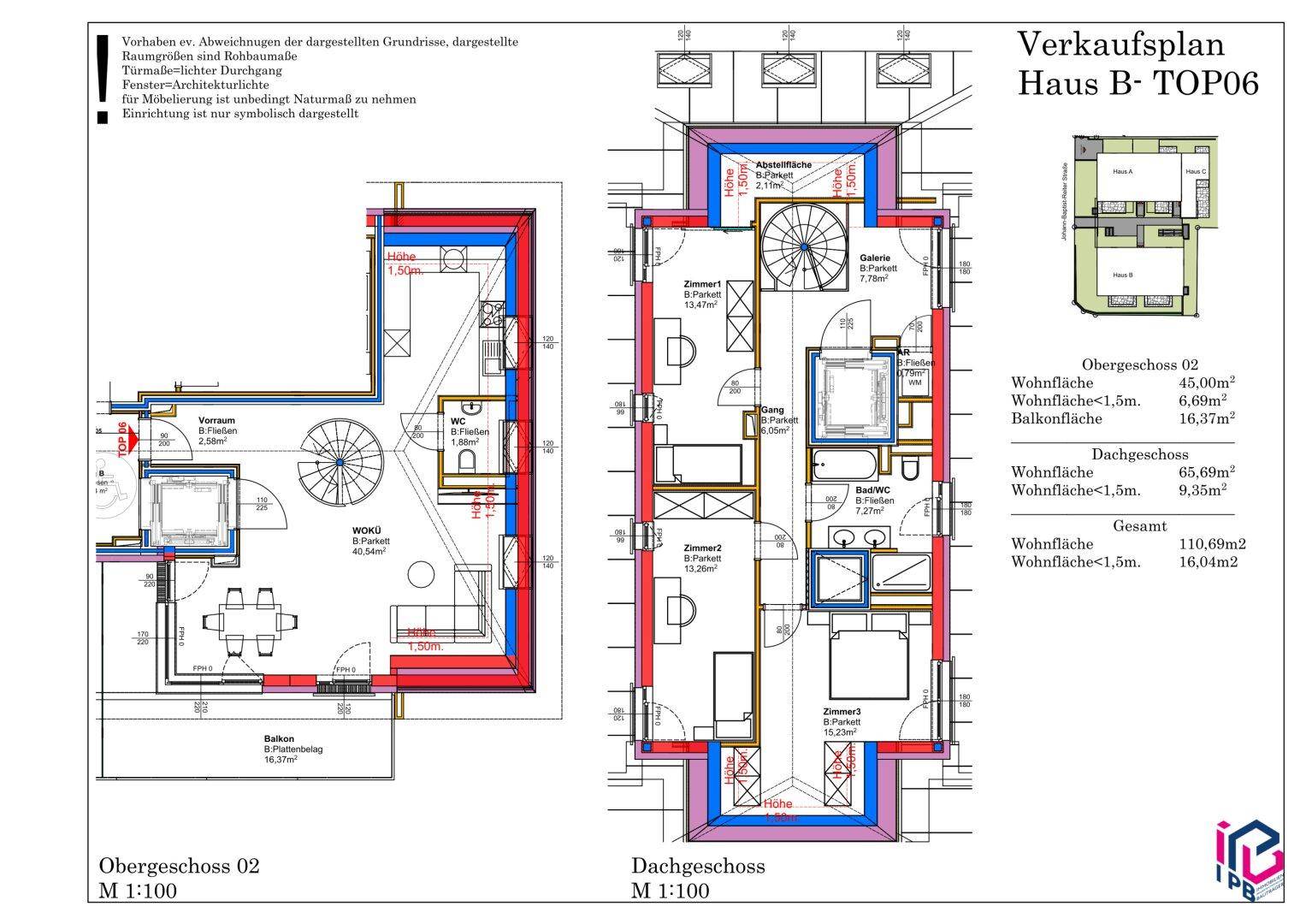 Grundriss des Ober- und Dachgeschosses mit Wendeltreppe, Balkon und mehreren Zimmern.