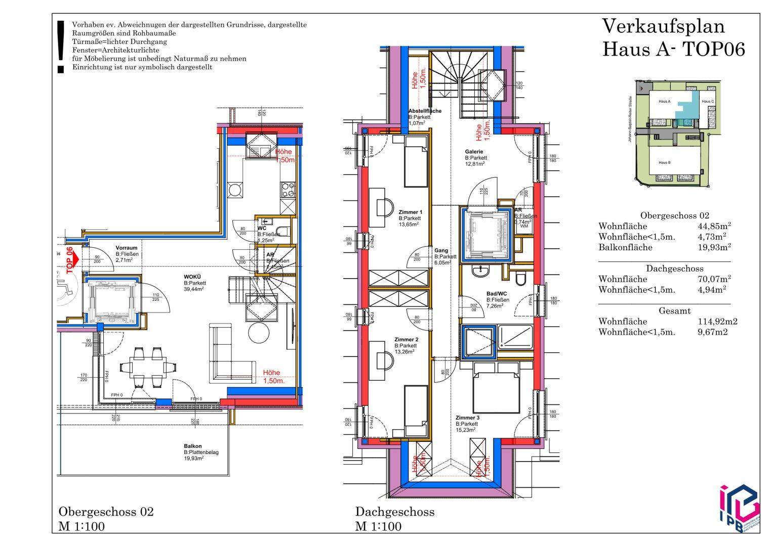 Detaillierter Grundriss des Ober- und Dachgeschosses mit Raumaufteilung und Flächenangaben.
