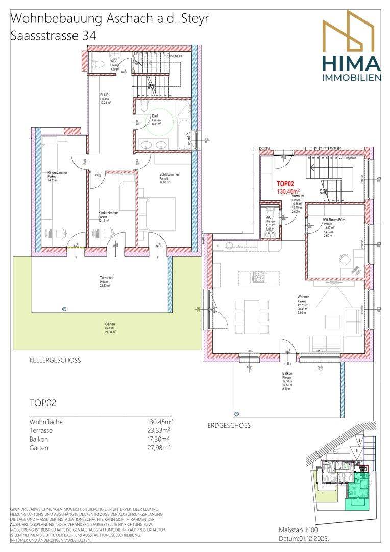 Grundrissplan einer Duplex-Wohnung über zwei Ebenen mit offenem Wohnbereich, Balkon, Terrasse und Garten.