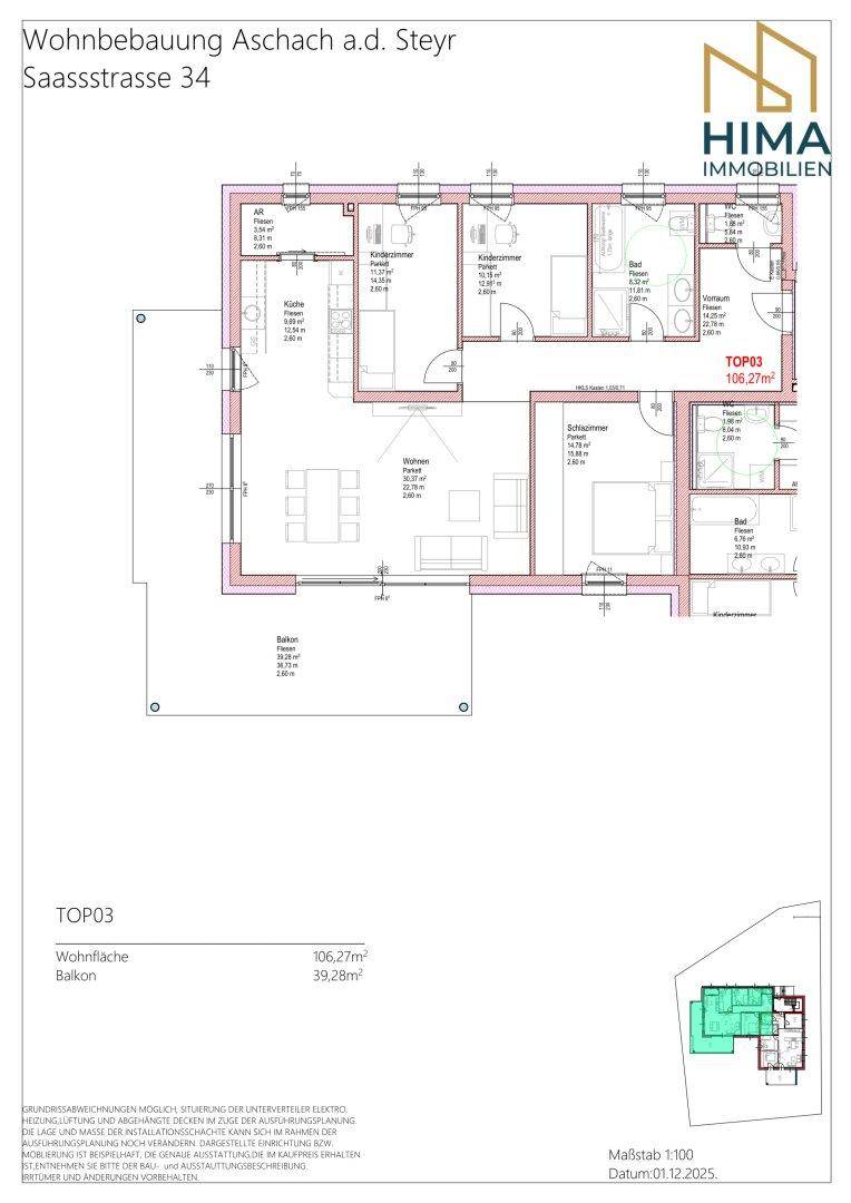 Detaillierter Grundriss einer Wohnung mit drei Schlafzimmern, zwei Bädern, separatem WC und großem Balkon.