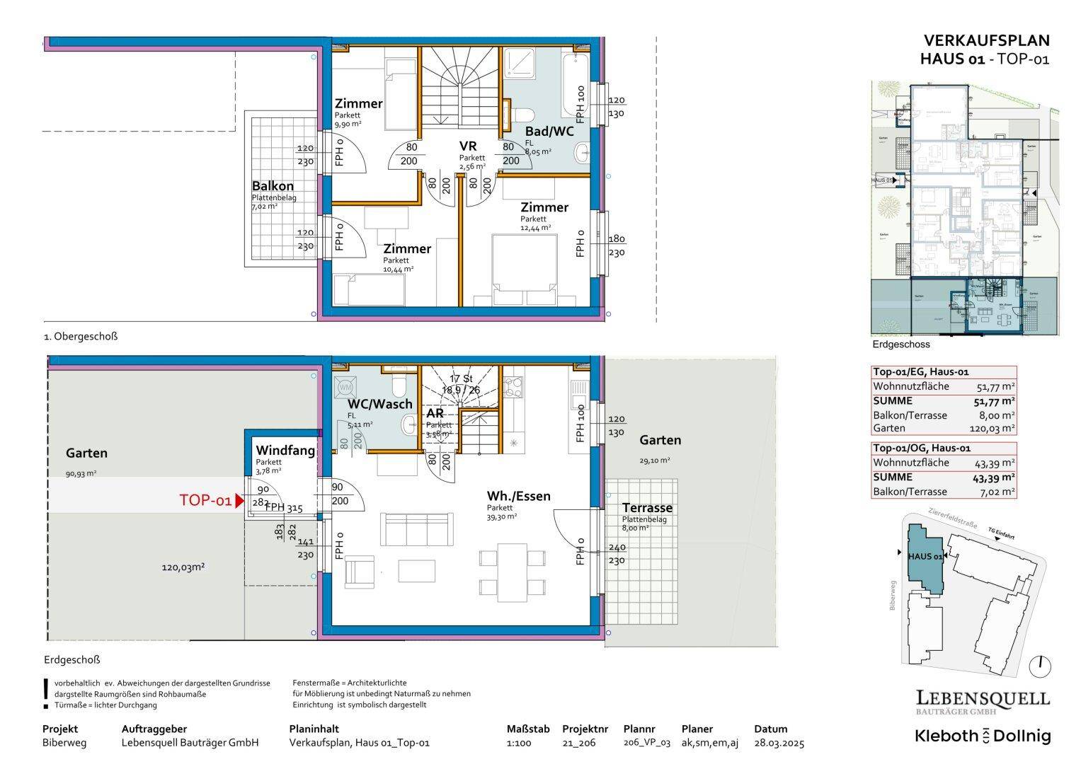 Detaillierter Grundriss eines Hauses mit Erdgeschoss und Obergeschoss, inklusive Garten und Terrasse.