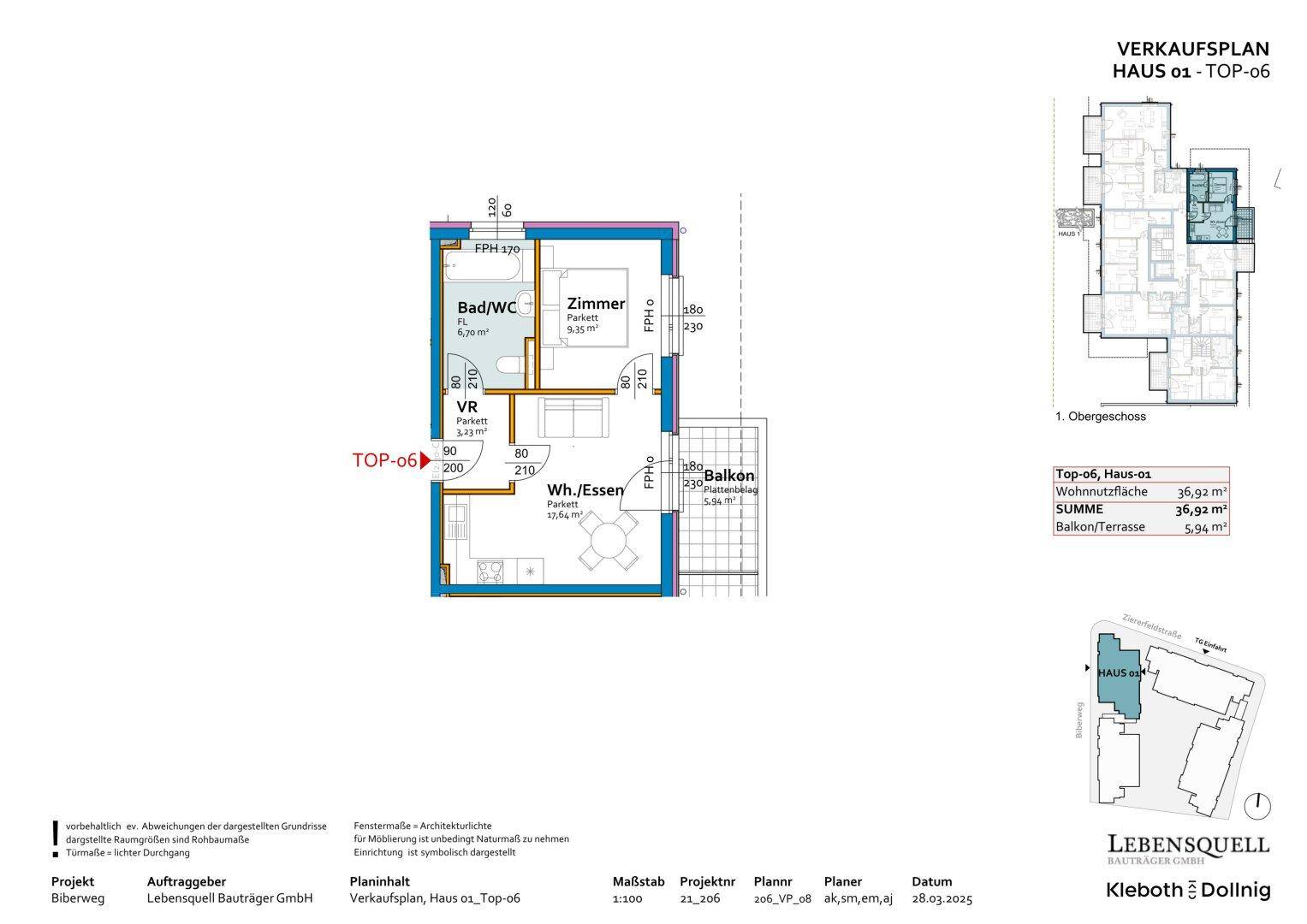 Grundriss der Wohnung Top-06 mit Wohn-/Essbereich, Schlafzimmer und Balkon.