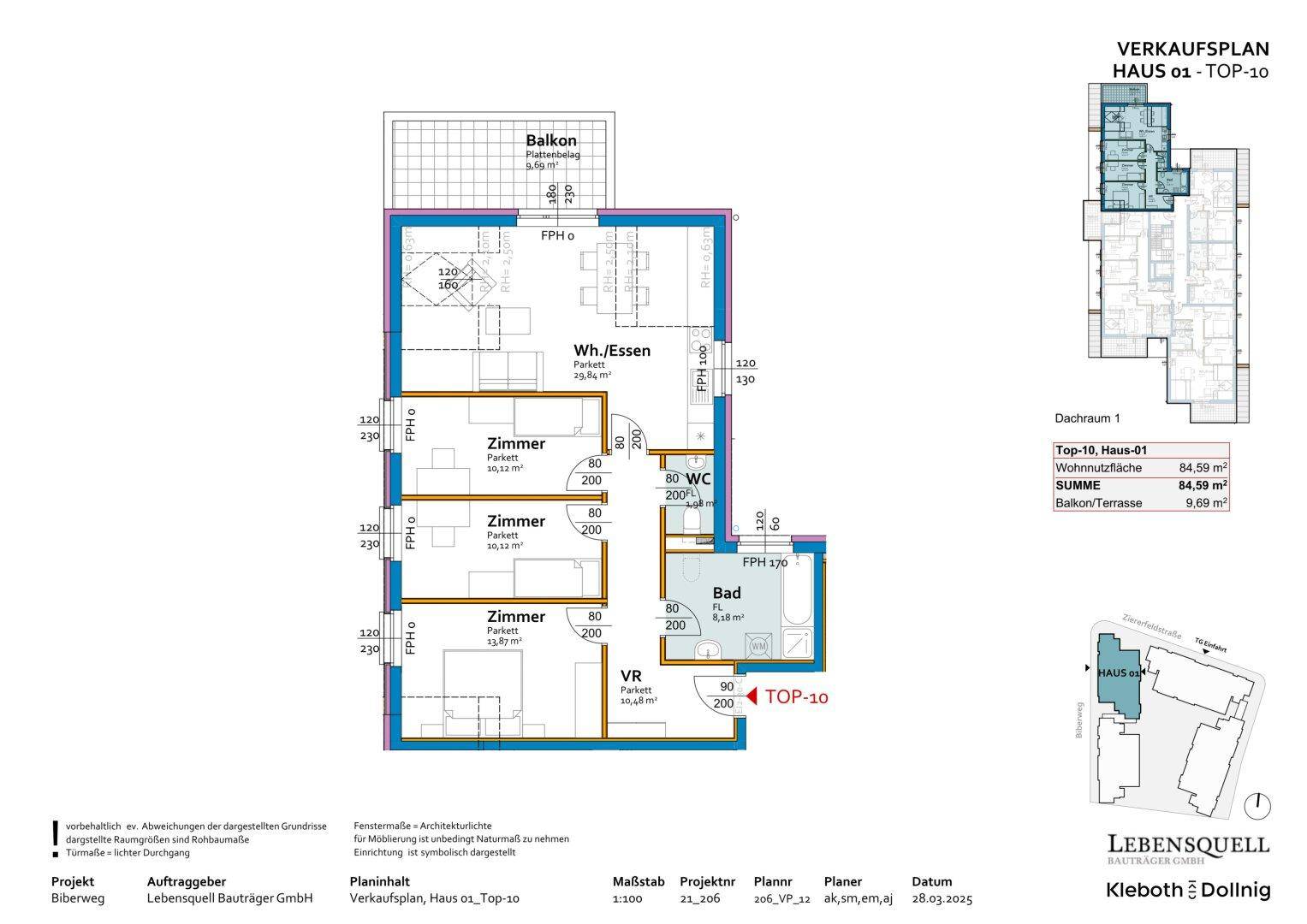 Detaillierter Grundriss von Haus 01, Top 10, mit Wohn-Essbereich, drei Zimmern und Balkon.