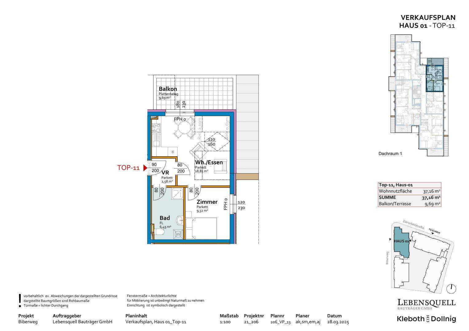 Grundriss der Wohnung TOP-11 mit Balkon, einem Zimmer und offenem Wohn-/Essbereich.