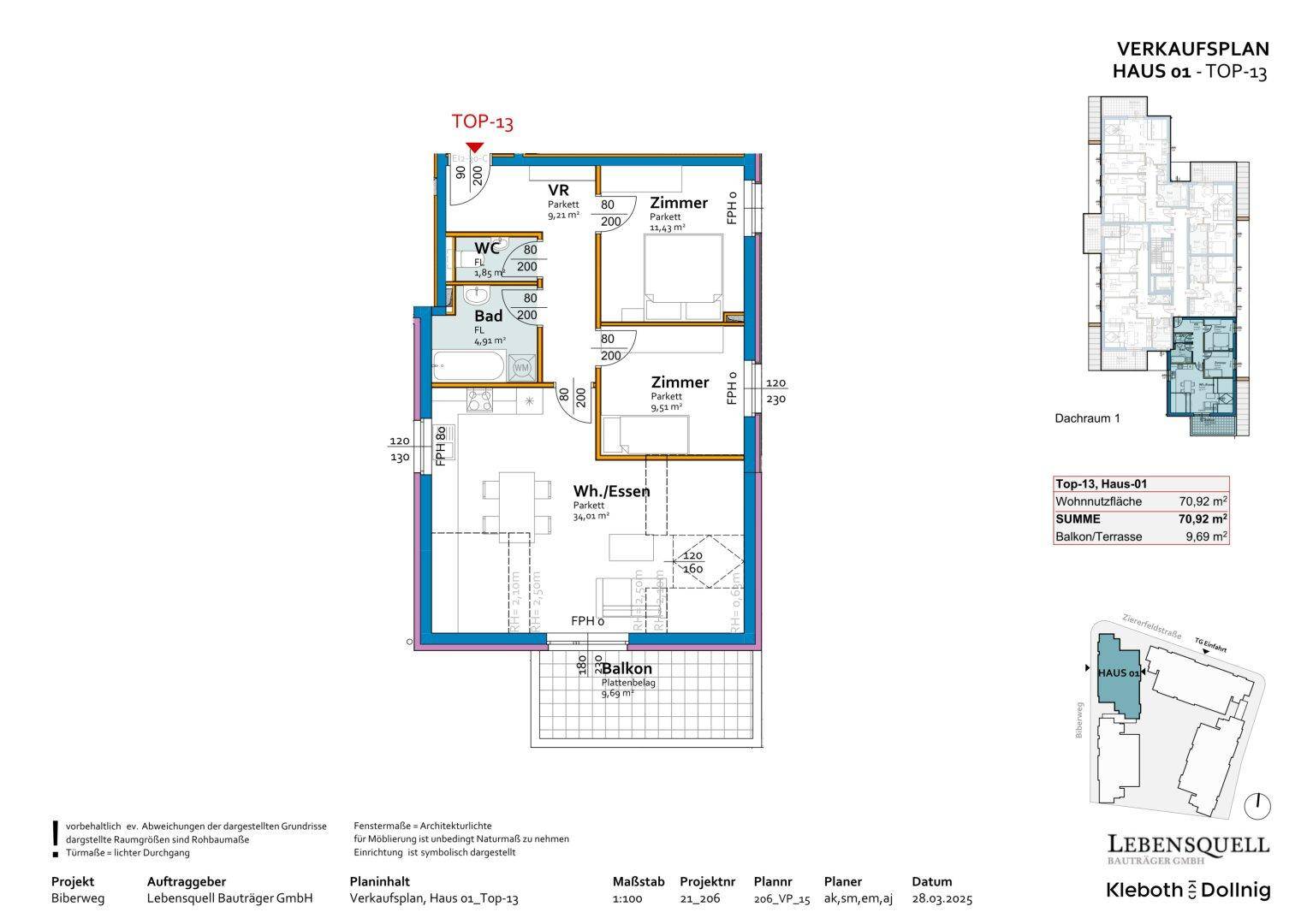 Detaillierter Grundriss von TOP-13 mit Wohn-/Essbereich, Schlafzimmer und Balkon.