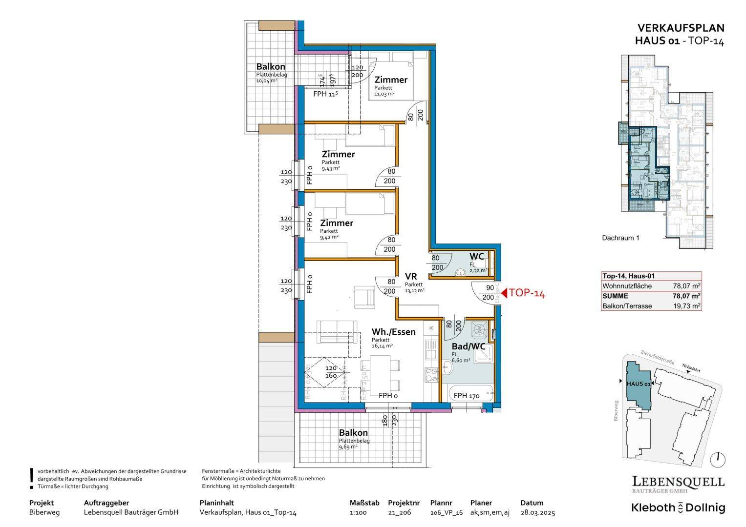 Grundriss einer Wohnung mit drei Zimmern, offenem Wohnbereich und zwei Balkonen.