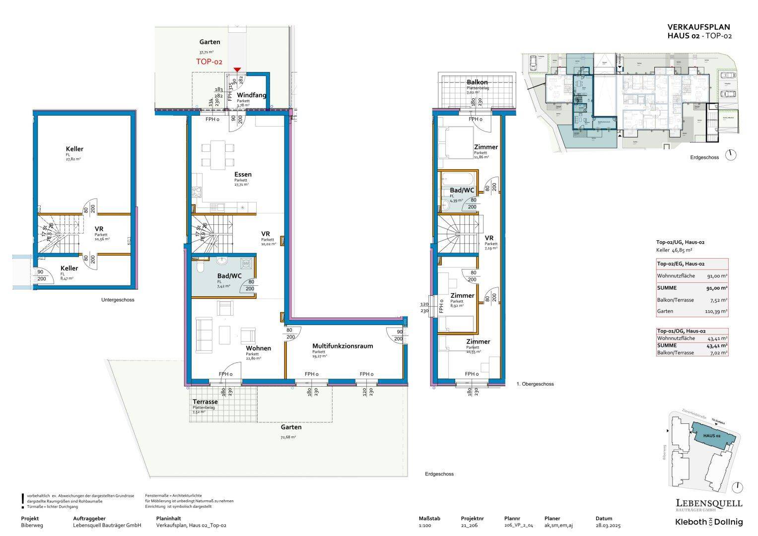 Detaillierter Grundriss von Haus 2, Top 02, mit Keller, Erdgeschoss und Obergeschoss.
