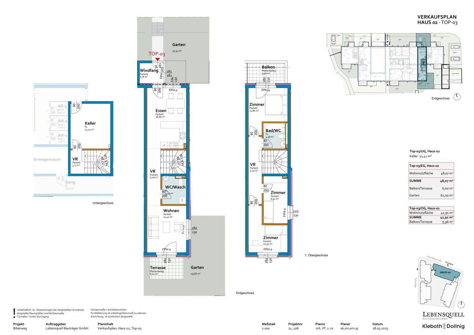 Detaillierter Grundrissplan für ein Haus mit Keller, Erdgeschoss und Obergeschoss.
