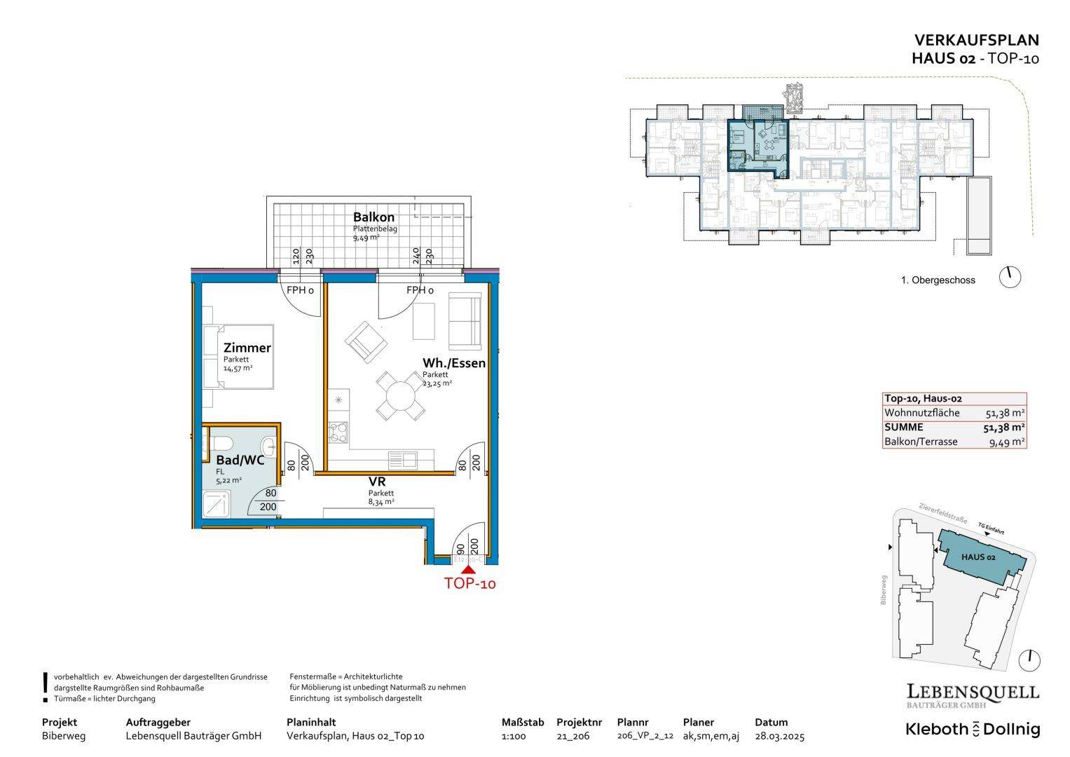 Grundriss der Wohnung Top-10 mit Wohn-Essbereich, Schlafzimmer und Balkon.