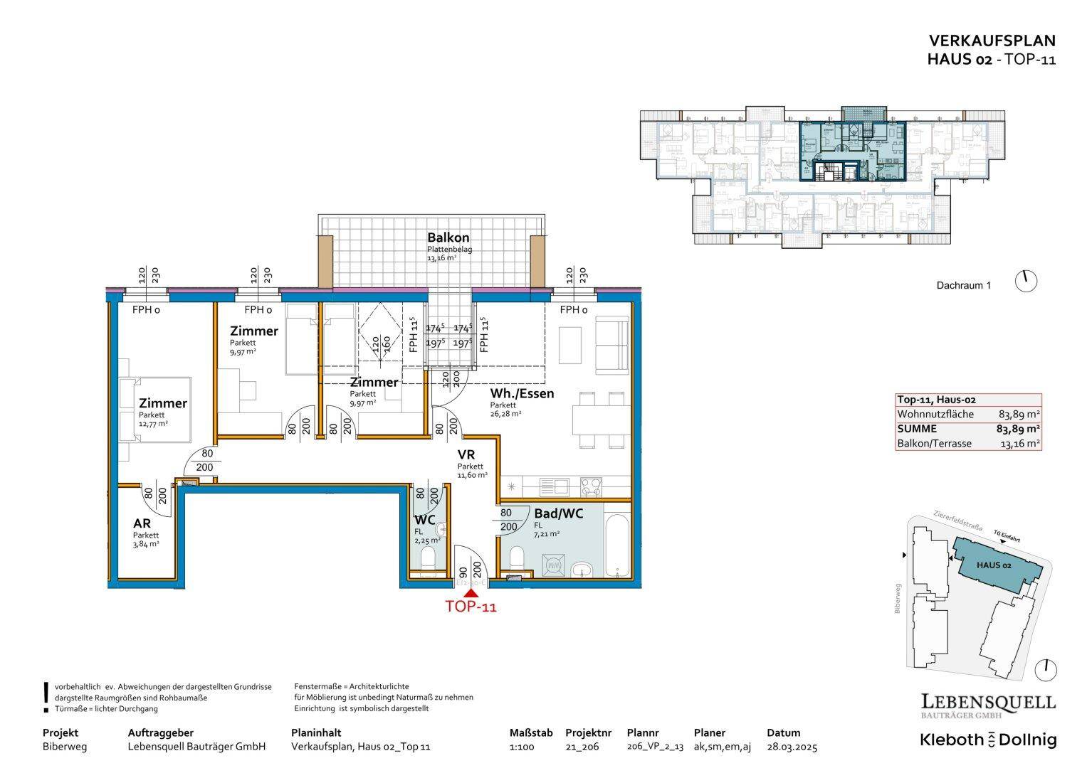 Detaillierter Grundriss von Top-11, Haus 02, mit Balkon und drei Zimmern.