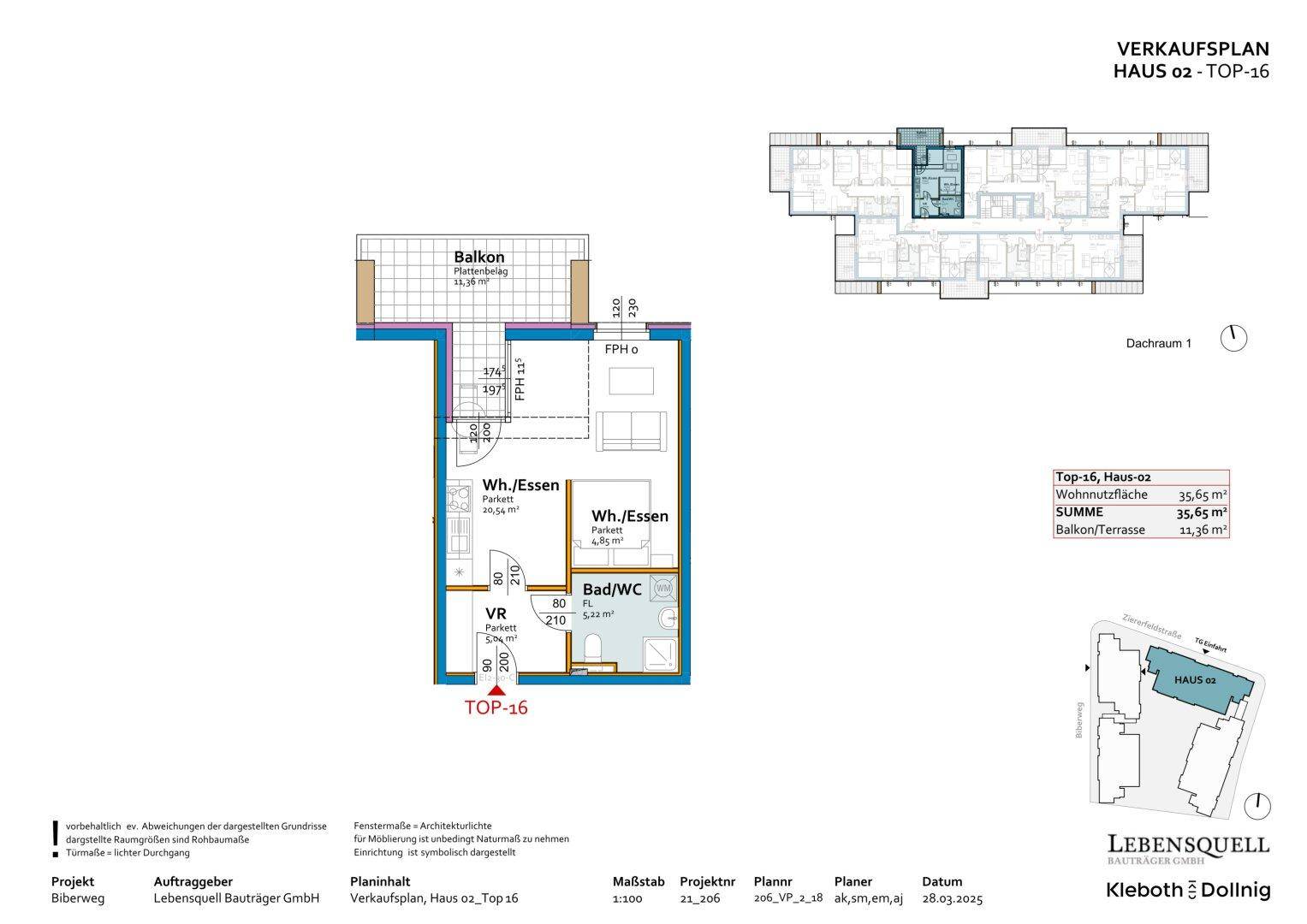 Grundriss der Wohnung Top-16 mit offenem Wohn-/Essbereich, Badezimmer und Zugang zum Balkon.