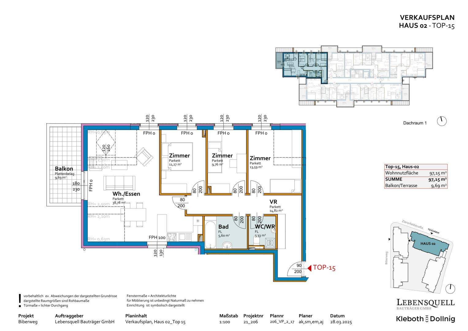 Grundriss der Wohnung Top-15 mit Wohn-/Essbereich, zwei Zimmern, Bad und Balkon.