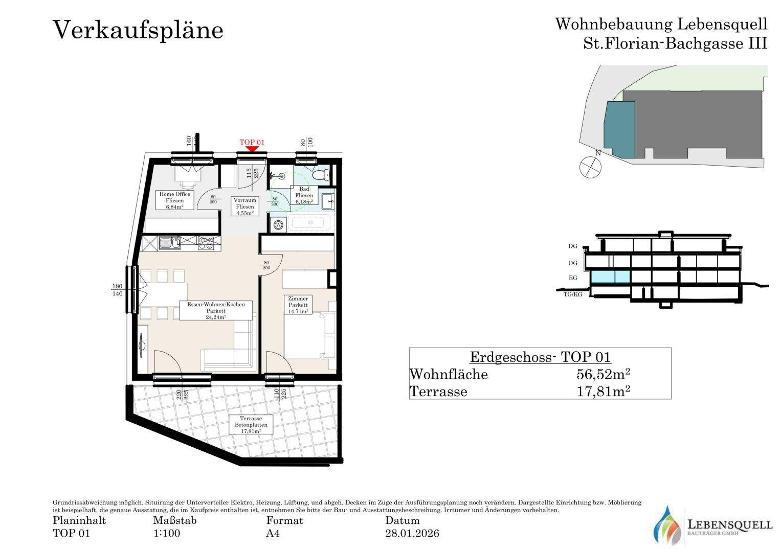 Detaillierter Grundriss der Erdgeschosswohnung mit Wohnfläche und Terrassenangabe.
