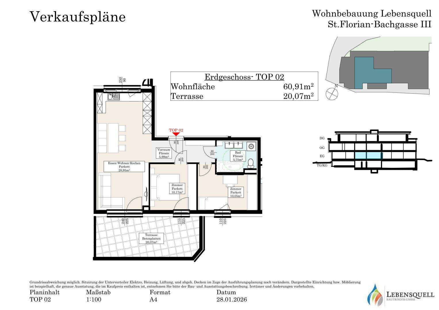 Detaillierter Grundriss der Erdgeschosswohnung mit Wohnfläche und Terrassenangaben.