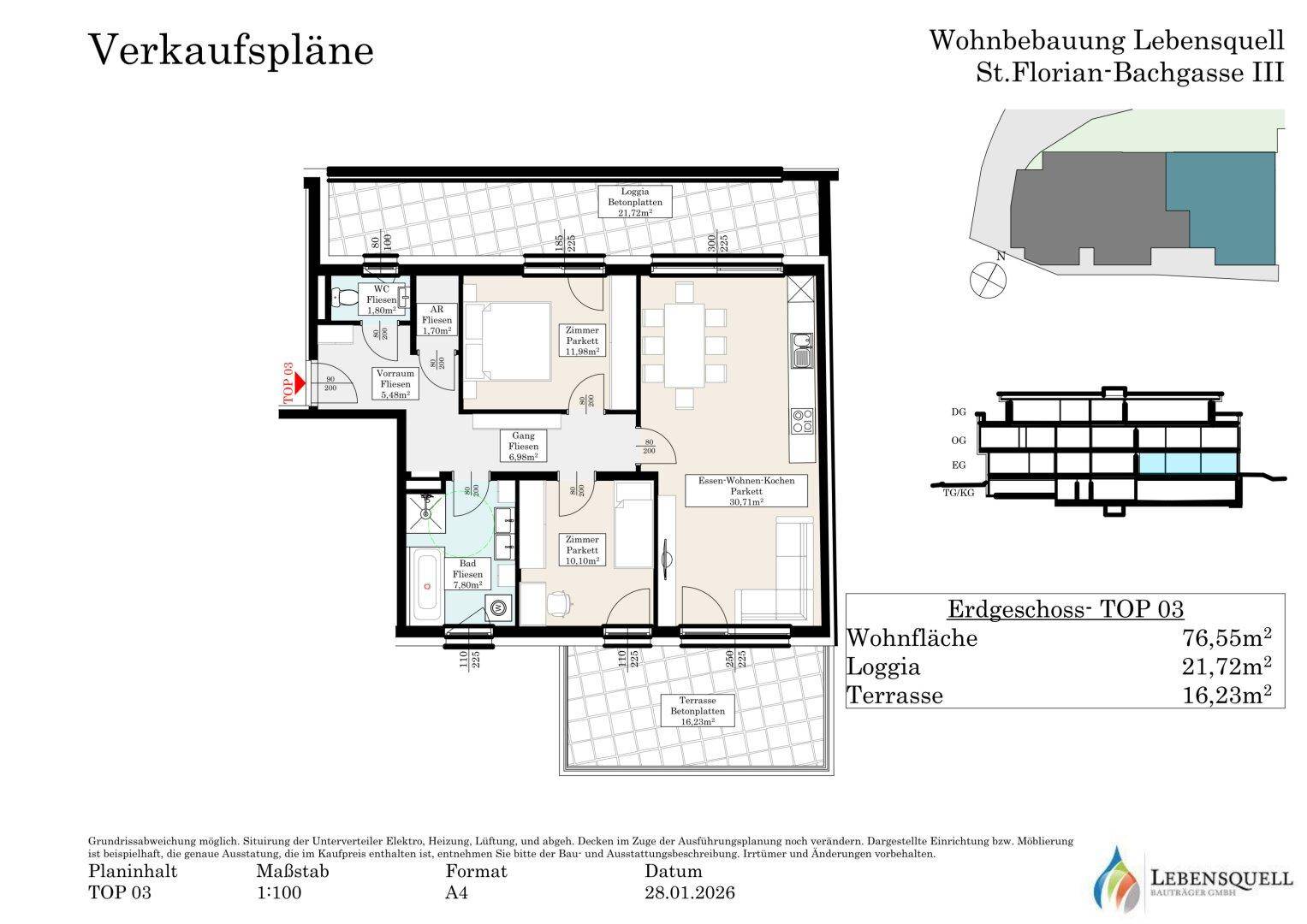 Verkaufsplan einer Erdgeschosswohnung mit Wohnfläche, Loggia und Terrasse.