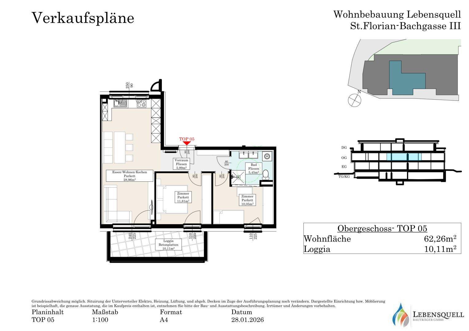 Detaillierter Grundriss der Wohnung TOP 05 mit Wohnfläche und Loggia-Angaben.