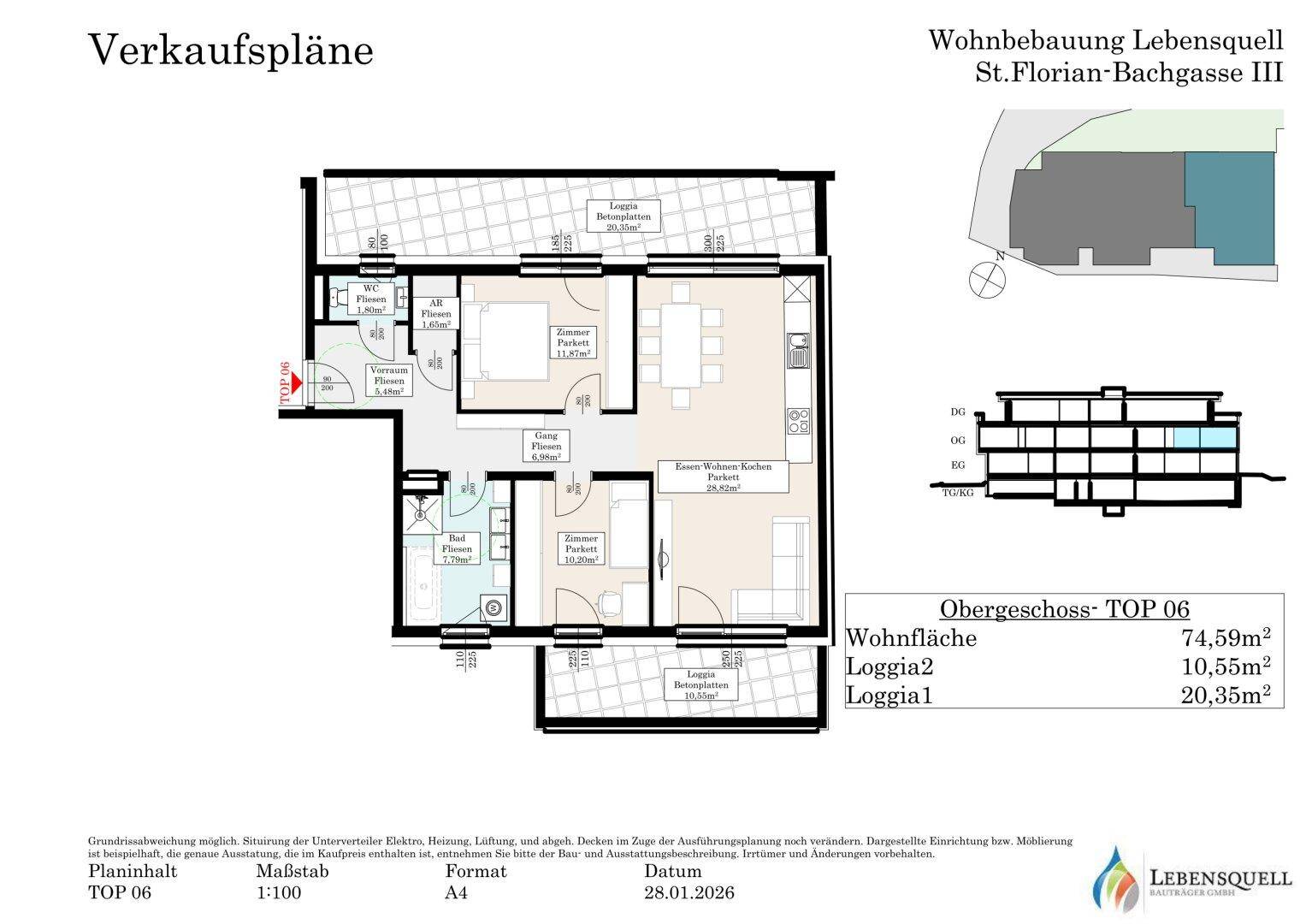 Detaillierter Grundriss einer Wohnung mit Wohnfläche und Loggia-Angaben.