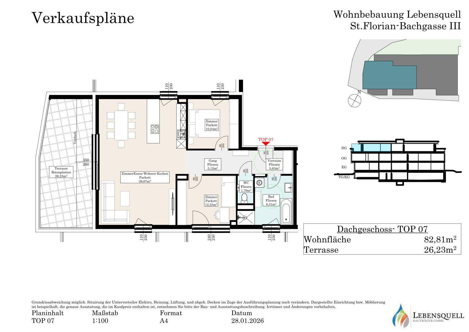 Verkaufsplan für Dachgeschosswohnung TOP 07 mit Wohnfläche und Terrassenangaben.