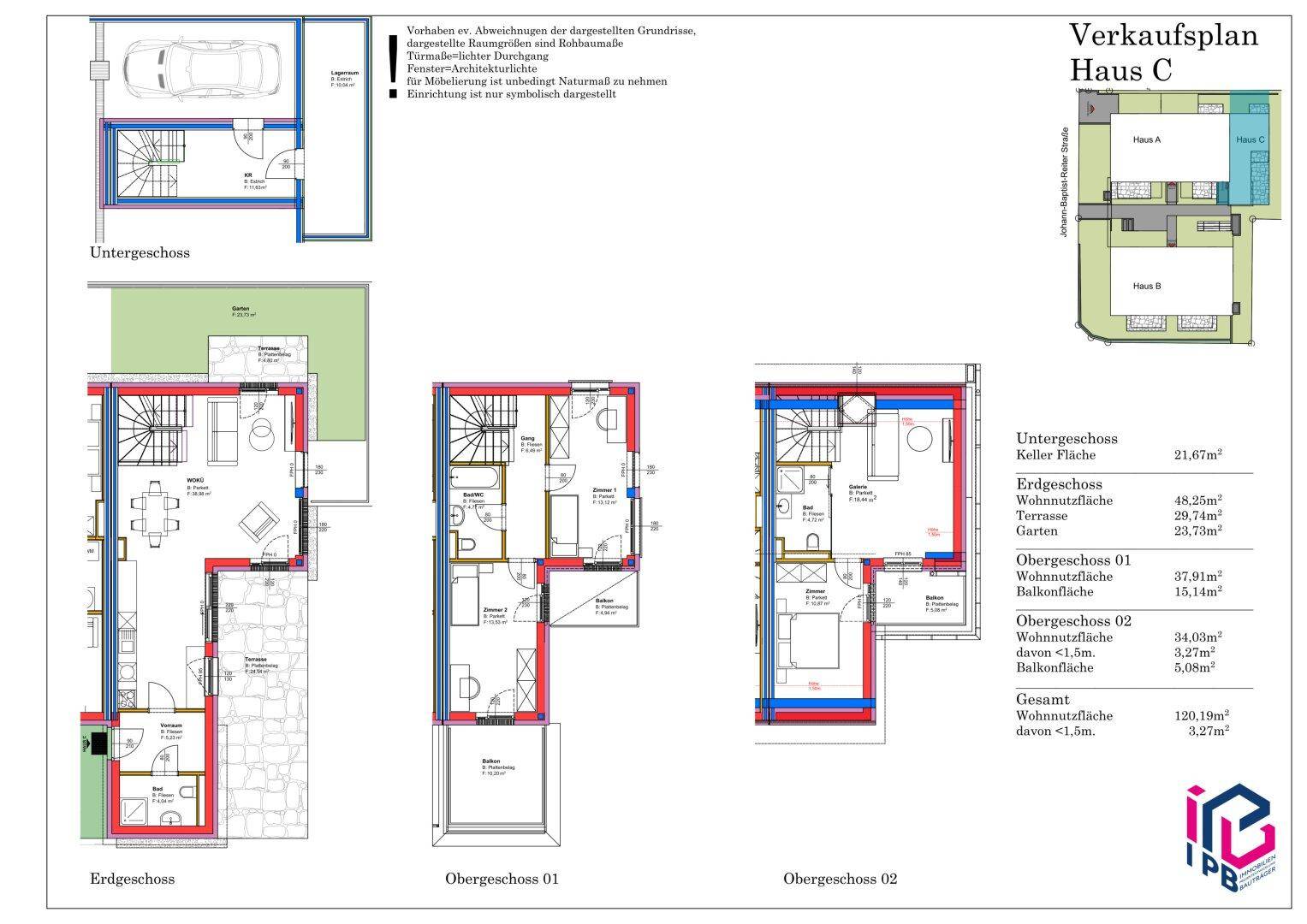 Detaillierter Verkaufsplan für Haus C mit Grundrissen vom Untergeschoss bis zum zweiten Obergeschoss, inklusive Garage, Garten und Balkonen.