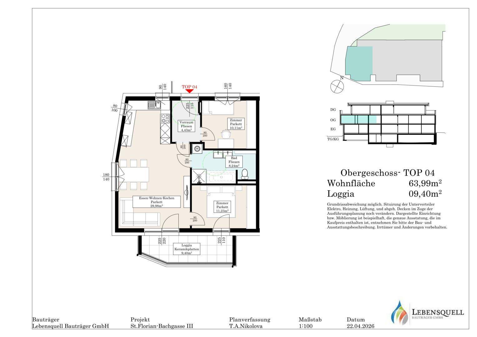 Grundriss einer Obergeschosswohnung mit offenem Wohn-Essbereich, zwei Schlafzimmern, Bad, separatem WC und einer Loggia.