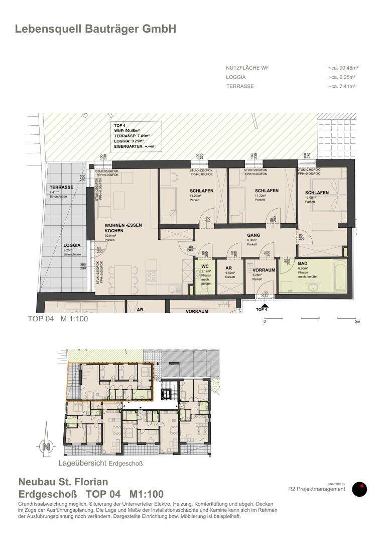 Detaillierter Grundriss einer Wohnung mit Wohn-Ess-Küche, drei Schlafzimmern und Loggia.