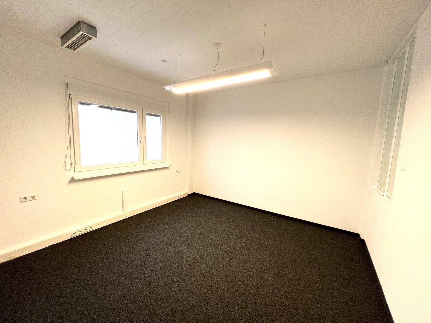 Leerer Büroraum mit dunklem Teppichboden, weißen Wänden und einem Fenster mit Jalousie.