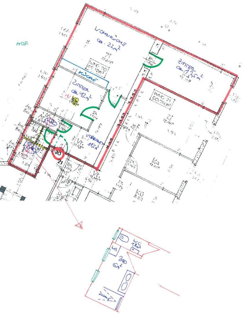 Handgezeichneter Grundriss mit Raumaufteilung und Flächenangaben der Wohnung.