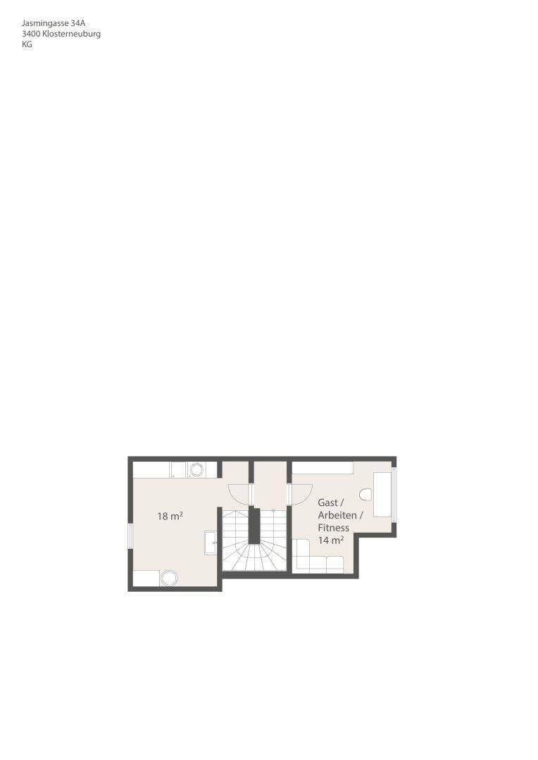 Grundriss des Untergeschosses mit Gästezimmer und Fitnessbereich.