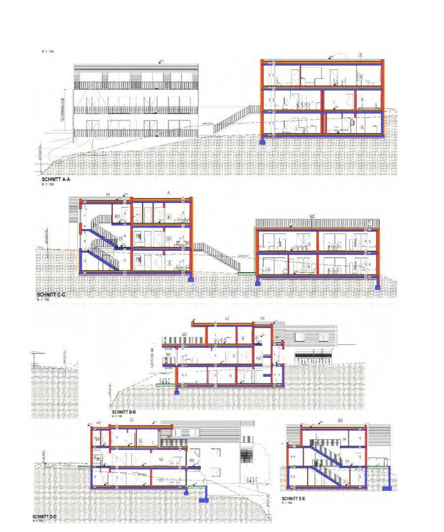 Architektonische Schnitte der Gebäude, die die interne Struktur, Geschosse und Fundamente detailliert darstellen.